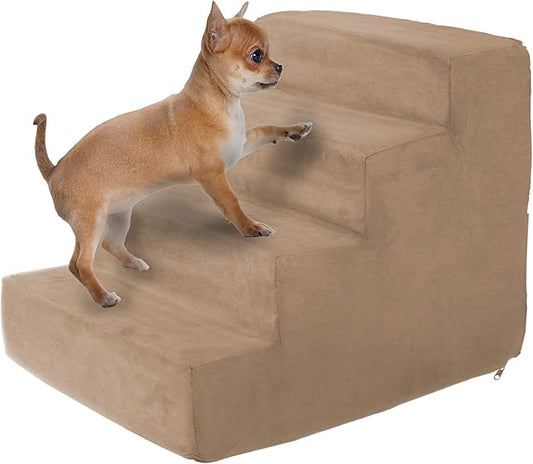 Dog Stairs for Small Dogs - 4-Step Dog Steps for High Bed and Couch - Pet Stairs with Nonslip Bottom, High-Density Foam, and Removable Washable Cover - Cat and Dog Furniture by PETMAKER (Tan)