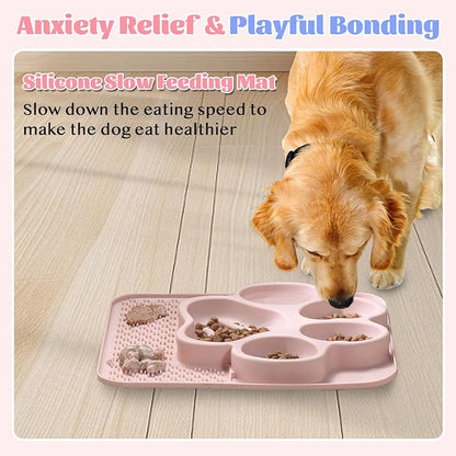 Silicone Slow Feeder Dog Bowls & Cat Bowls, 2 Cups Small Pet Food Bowl with Non-Slip Suction Base, Food-Grade Safe Puzzle Feeder for Small & Medium Dogs & Indoor Cats (Paw Lick Mat (Pink))