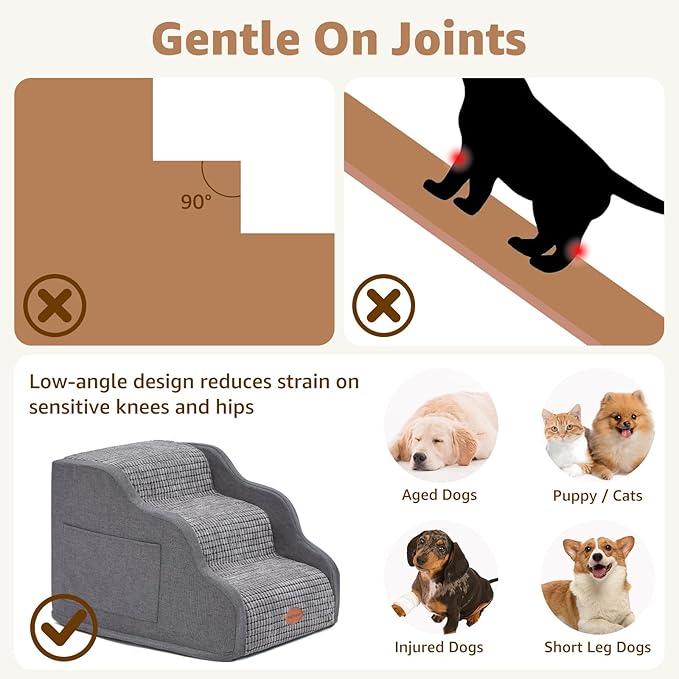 15.7”H Ramp Dog Stairs for Small Dogs, Side Armrest 3 Tier Wider Curved Pet Stairs for Couch and Beds，High-Density Foam Indoor Dog Steps with Non-Slip Bottom and Washable Cover for Old Cats