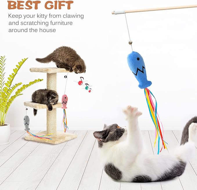 Fashion&cool Cat Wand Toy, 3pcs 16 Inch Natural Wooden Teaser With 5 Pcs Silvervine Sticks, Interactive Elastic String Stick Pole for Indoor Cats
