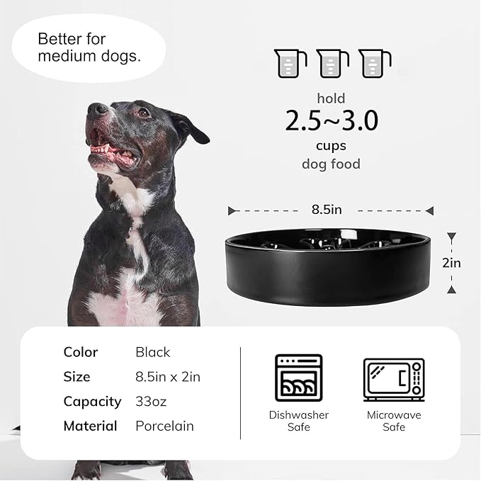 Slow Feeder,Ceramic-Slow Feeder Dog Bowls Medium Breed,Puzzle Food Bowl Maze,2.5 Cups Slow Feed Dog Bowl for Medium Dogs,Black
