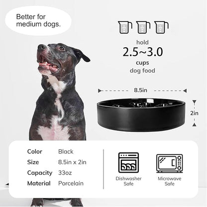 Slow Feeder,Ceramic-Slow Feeder Dog Bowls Medium Breed,Puzzle Food Bowl Maze,2.5 Cups Slow Feed Dog Bowl for Medium Dogs,Black