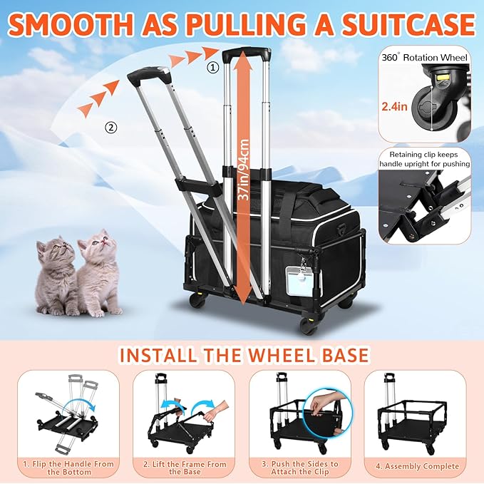 Petskd Top-Expandable Small Pet Carrier with Wheels (17" L x 12" W x 8.5" H), JetBlue/Allegiant/Spirit Airlines Approved, Rolling Pet Carrier for Small Dogs & Cats (Black)
