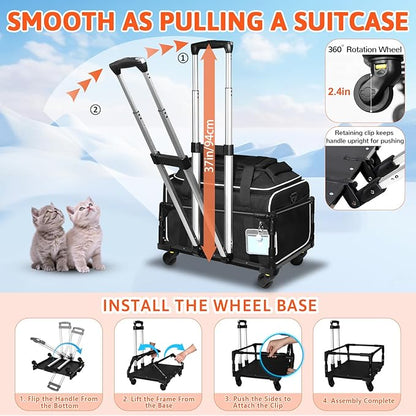 Petskd Top-Expandable Small Pet Carrier with Wheels (17" L x 12" W x 8.5" H), JetBlue/Allegiant/Spirit Airlines Approved, Rolling Pet Carrier for Small Dogs & Cats (Black)