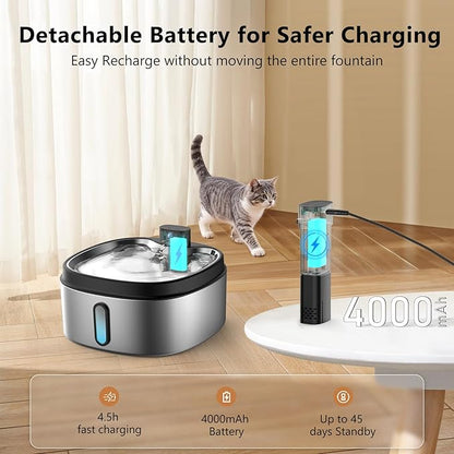Wireless Cat/Dog Water Fountain 7L/1.8Gal with Silicone Mat & 3 Set Filters, DRLWXYSBattery Operated Cordless Automatic Pet Water Dispenser for Multi-cats and Small to Large Dogs with Ultra Quiet Pump