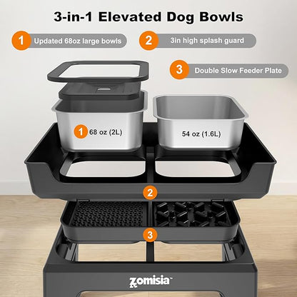 3-in-1 Raised Dog Bowl - 6 Height Adjustable Elevated Dog Bowls, Double Deck Design Mess Proof, Feeding Station with 2L No Spill Stainless Steel Bowls & Licking Plate for Medium Large Pets