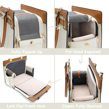 2-in-1 Stylish Dog Purse Carrier Soft-Sided Carriers Travel Tote Bag for Small Dogs Cats, Fashion Foldable Pet Bag for Puppies Small Animals with Pockets (Beige+Brown, 15" L x 7.5" W x 12.2" H)