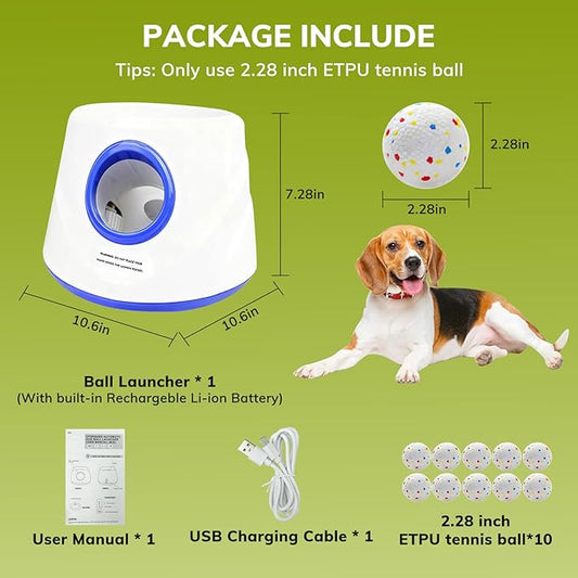 Dog Ball Launcher, Chuck It Ball Launcher, Dog Balls Thrower with 10 2.28-inch Balls, 3 Adjustable Distances, Indoor/Outdoor Toy for Small/Medium Dogs, Rechargeable