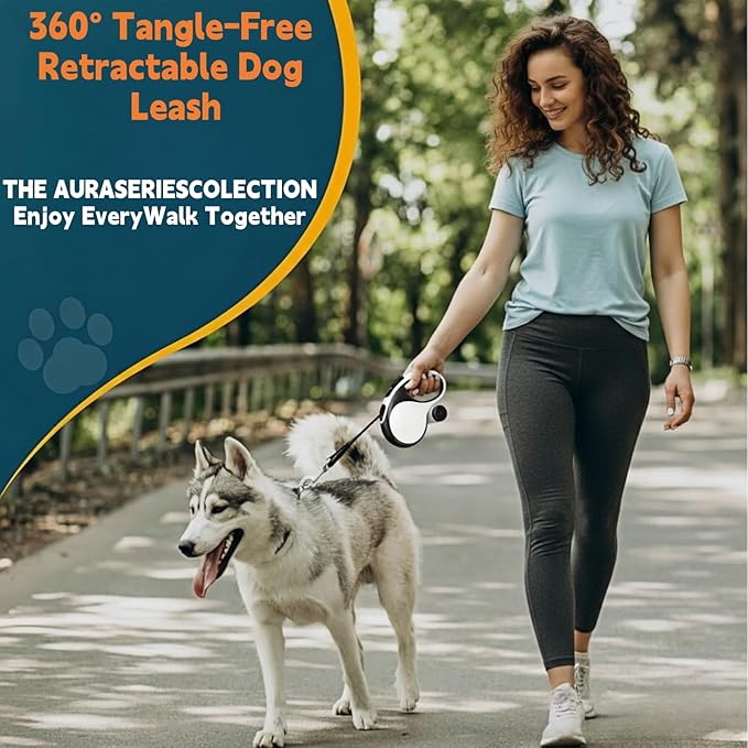 Retractable Dog Leash 26 ft for Large Dogs Up to 110 lbs, 360 Tangle-Free Heavy Duty with One-Hand Brake Pause Lock, Anti-Slip Handle Strong Nylon Tape, Large, White