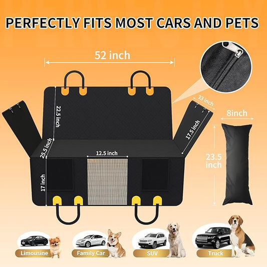 Back Seat Extender for Dogs with Pillow, Foldable Dog Car Seat Cover with Hard Bottom Waterproof Dog Hammock Car Pet Backseat Protector for Car, SUV, Truck