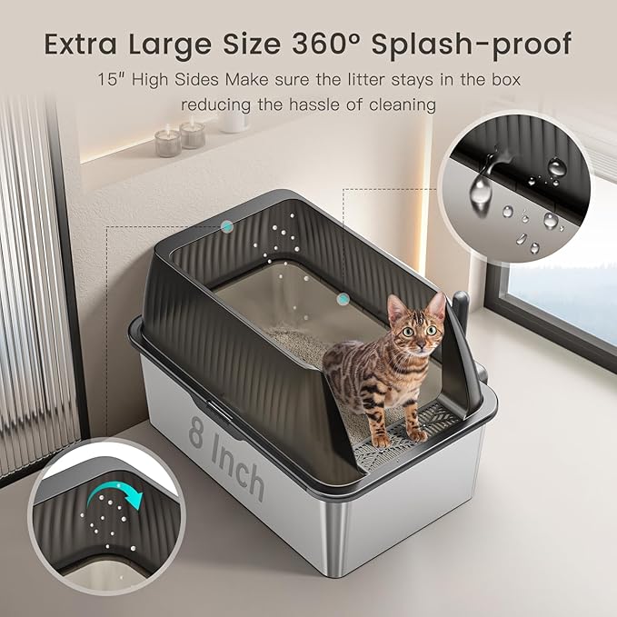 Tripamin 15” XL Stainless Steel Cat Litter Box Enclosure, XXL Stainless Steel High Sides with Lid, Extra Large Metal Cat Litter Box (Transluce+Black, 2-pcs XX-Large)