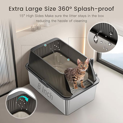 Tripamin 15” XL Stainless Steel Cat Litter Box Enclosure, XXL Stainless Steel High Sides with Lid, Extra Large Metal Cat Litter Box (Transluce+Black, 2-pcs XX-Large)