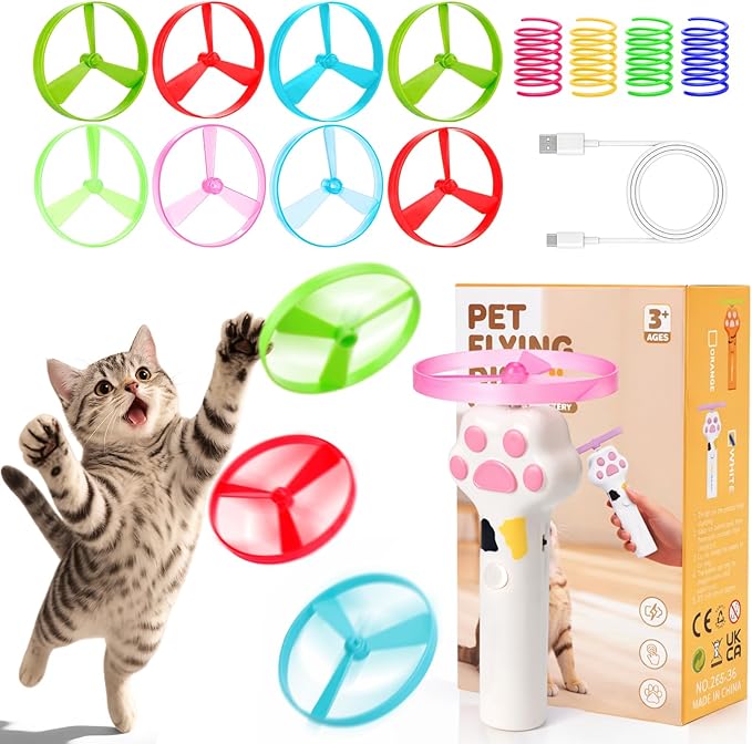 BABORUI Cat Toy Disc Launcher, Rechargeable Interactive Cat Fetch Toy Launcher with 8 Flying Discs, Flying Enrichment Toys for Indoor Bored Kittens & Adult Cats (White)