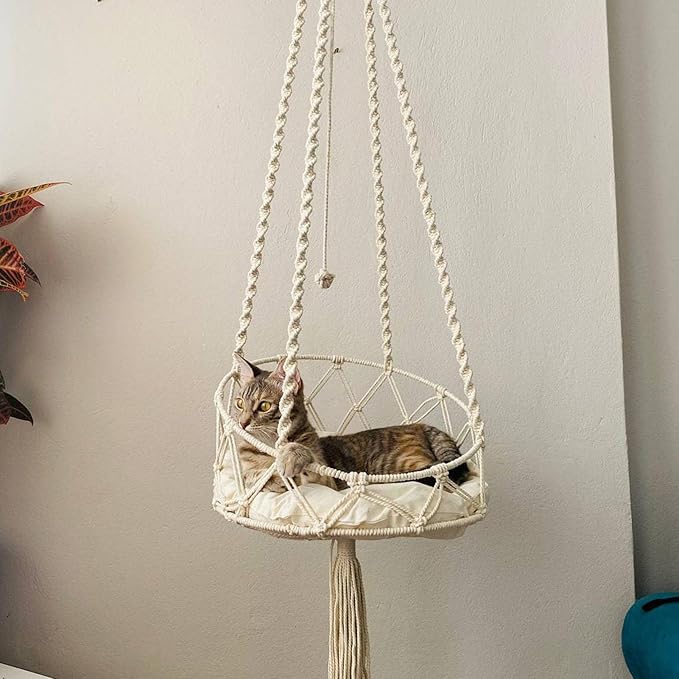 Macrame Cat Hammock with Cushion Handwoven Boho Hanging Cat Bed Pet Kitten Swing Bed for Playing Sleeping Climbing and Lounging (130 cm)