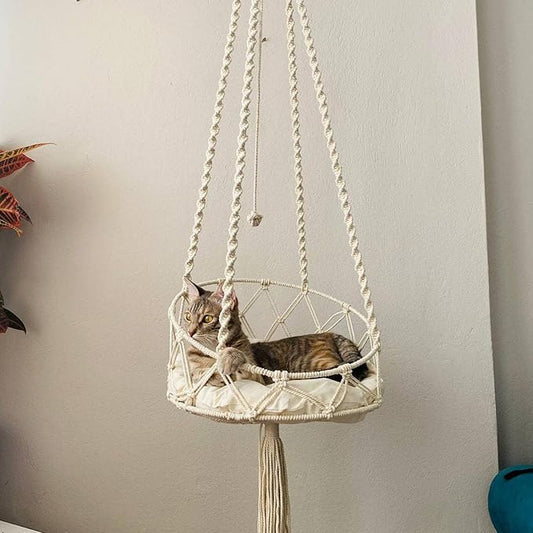 Macrame Cat Hammock with Cushion Handwoven Boho Hanging Cat Bed Pet Kitten Swing Bed for Playing Sleeping Climbing and Lounging (130 cm)