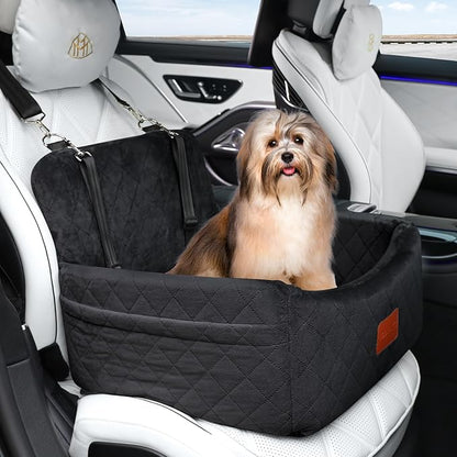 WOOAIDAGG Dog Car Seat for Small Dogs Under 30lbs, Washable Pet Travel Car Bed with Memory Foam,Fully Detachable Cover,2 Storage Pockets & Safety Leash,Non-Slip Bottom(Black)
