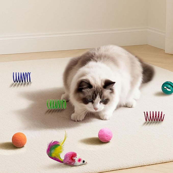 36 Pcs Interactive Cat Toys Set for Indoor Cats Kitten Toys Variety Pack Includes Plush Fish, Chew Ropes,12Colors Cat Springs, Feather Mice and Balls Best Gift to Relieve Boredom for Adult Cats