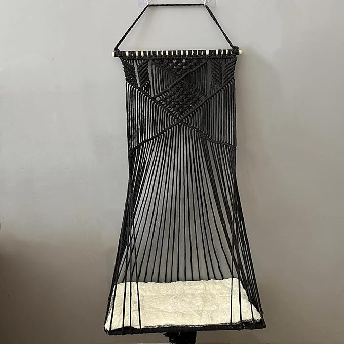 Macrame Hanging Cat Hammock Bed Cat Swing House Space Saving Window Perch with Washed Cotton Cats Toy Tassel Basket Tapestry (Black, Swing Bed+Cushion, L)