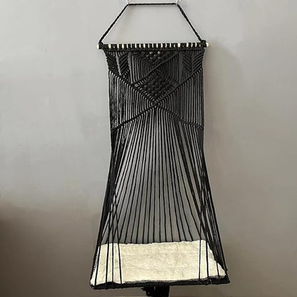 Macrame Hanging Cat Hammock Bed Cat Swing House Space Saving Window Perch with Washed Cotton Cats Toy Tassel Basket Tapestry (Black, Swing Bed+Cushion, L)