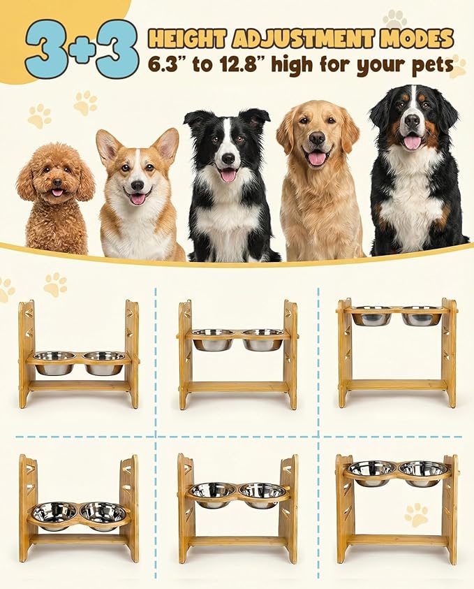 Elevated Dog Bowls, Adjustable Raised Dog Bowl Stand for Medium Size Dogs, 15°Tilted Elevated Dog Bowls, Durable Bamboo Dogs Feeder with 2 Stainless Steel Bowls and Non-Slip Feet