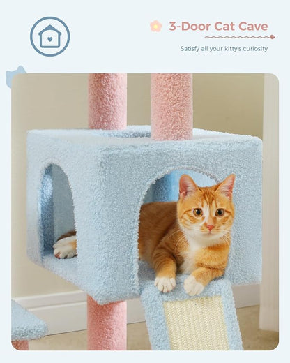 Flower Cat Tree 47.2" Multi-Level Cat Tower with Sisal Covered Scratching Posts, Cute Cat Condo for Indoor Small Medium Cats, Pink Top Perch, Ramp, Fluffy Ball, Blue