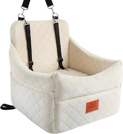 GL GLENSLAVE Dog Car Seat for Small/Medium Dogs, Dog Booster Car Seats with Thick Cushion for Dogs Under 35lbs, Detachable Washable Pet Carseat with Storage Pockets, 2 Safety Belts(Beige)