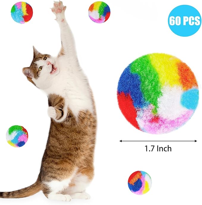 Nicunom 60 PCS Cat Pom Pom Balls, 1.7Inch Rainbow Cat Toy Balls, Soft Plush Cat Ball Fuzzy Kitty Balls Colorful Kitten Puff Ball for Pet Kitten Interactive Playing Exercising Chasing