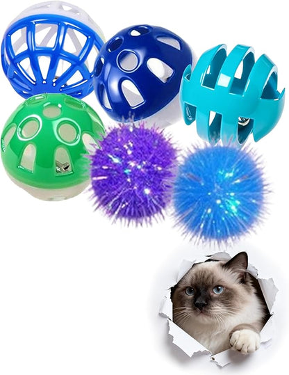 6 Pcs Cat Balls Indoor Bored Kitten Toy Set,Colorful Hollow Bell Balls and Fluffy Glitter Gold Foil Balls for Indoor Cats,Kitten Interactive Play Balls (1.5'')