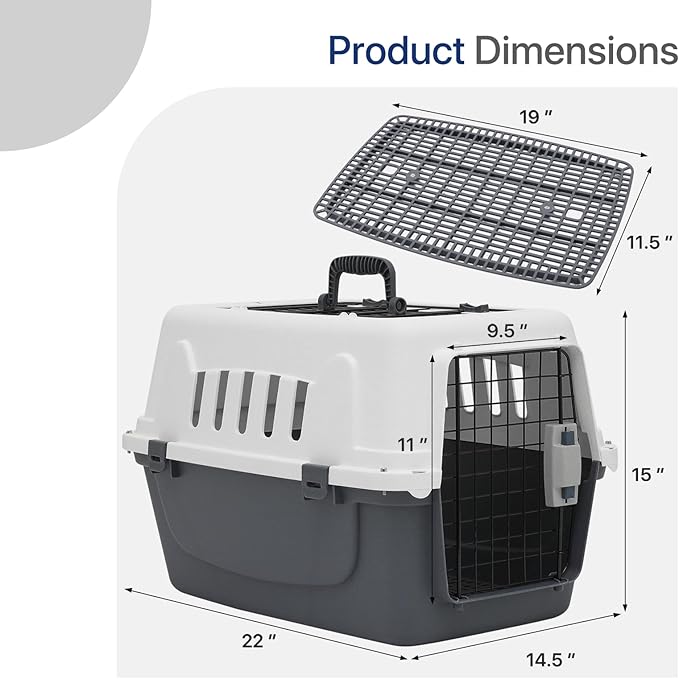 22 Inch Hard-Sided Plastic Dog Carrier 2 Door Travel Crate for Small Dogs Cats up to 22 lbs, Durable Handle, Security Lock Design, Gray