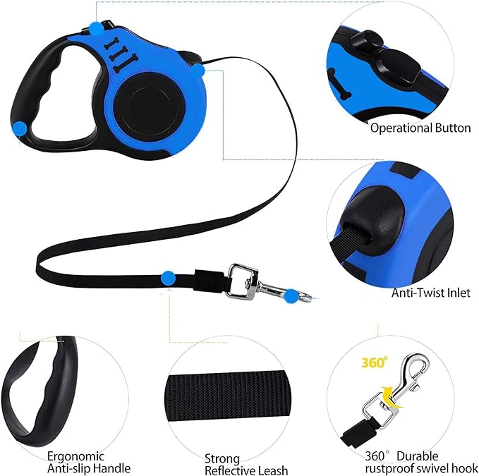 Heavy Duty Retractable Dog Leash - 16FT Blue, Tangle-Free Nylon Tape, Anti-Slip Handle, with Waste Bag Dispenser for Small Dog or Cat up to 26 lbs