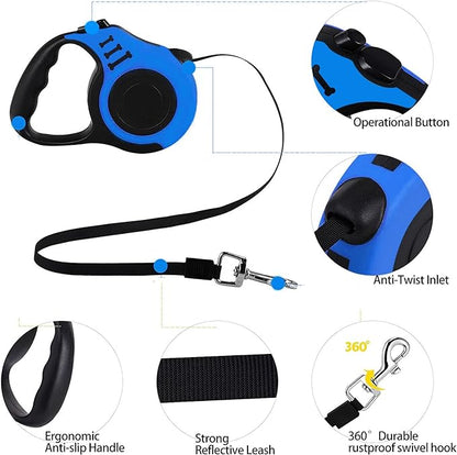 Heavy Duty Retractable Dog Leash - 16FT Blue, Tangle-Free Nylon Tape, Anti-Slip Handle, with Waste Bag Dispenser for Small Dog or Cat up to 26 lbs