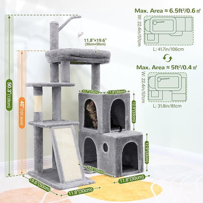 Globlazer Cat Tower for Indoor Adult Cats, 50-inch Heavy Duty Cat Tree House for Big Cats with Extra-Large Padded Platform, Sisal Scratching Board, 2 Large Condos, F50, Light Grey