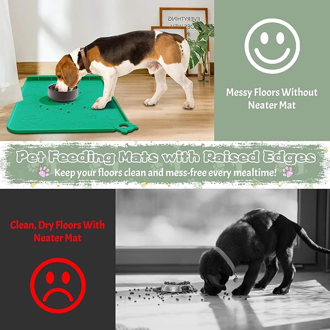 Dog Food Mat, Silicone Dog Mat for Food and Water -Pet Feeding Mats with Residue Collection Pocket, Waterproof Dog Cat Bowl Mats with Raised Edges and Hooks, Placemats for Cats and Dogs Water Bowl