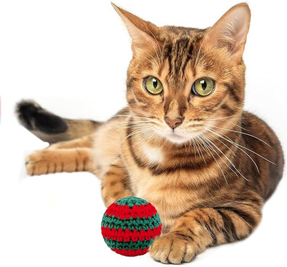 Christmas Cats Ball Toy with Bell Inside, 6Pcs Hand-Knitted Indoor Woolen Yarn Cat Toys Jingle Bell Balls, Kitten Interactive Toys for Hunting/Kicking/Chasing
