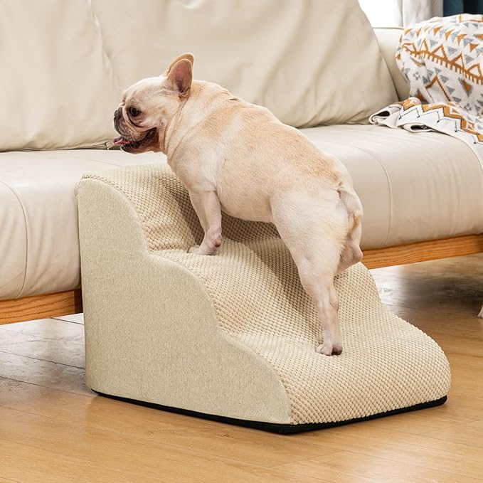 Dog Ramp and Stairs for Small Dogs & Cats,3-Step Pet Stairs for Couch Sofa and Chair,Indoor Anti-Slip Dog Stairs for Old Cats and Puppy,Beige