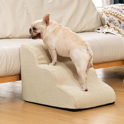 Dog Ramp and Stairs for Small Dogs & Cats,3-Step Pet Stairs for Couch Sofa and Chair,Indoor Anti-Slip Dog Stairs for Old Cats and Puppy,Beige