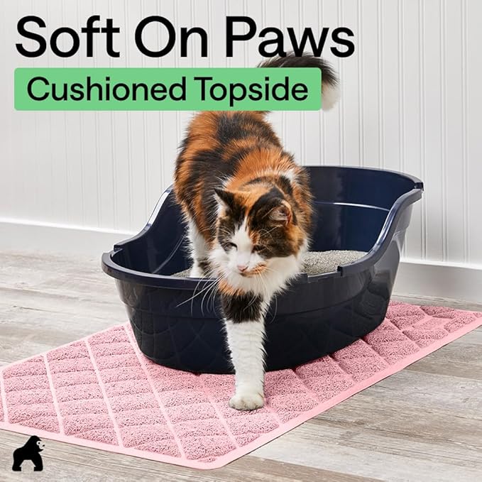 GORILLA GRIP Cat Litter Box Mat, Cushioned Coil Mesh Litter Trapping Mats, Scatter Control Supplies for Less Mess, Phthalate Free, Ultra Deep Catch Grooves, Rinse or Vacuum to Clean, 24x17 Light Pink