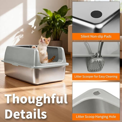 Kirecoo 2 Pack Stainless Steel Litter Box with Lid, Large Enclosed Metal Cat Litter Box Pan High Sided, Easy Clean Anti-Leakage Litterbox Tray for Indoor Big Cats, Kittens or Multicat, Scoop Included