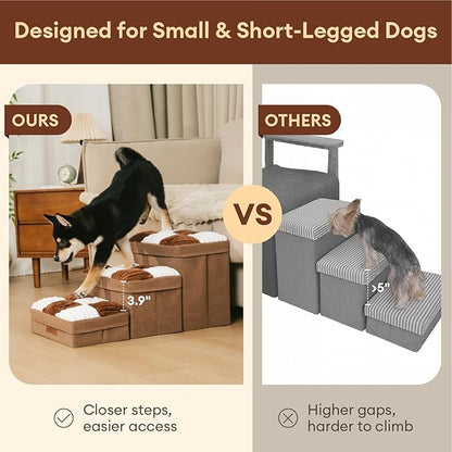 FUNNYFUZZY Dog Stairs with Storage 13“H,Foldable 3-Step Pet Steps for Small Medium Dogs with Sturdy Stylish Cover,Dog Steps for Couch Sofa and Chair,Non-Slip, Indoor,Grey