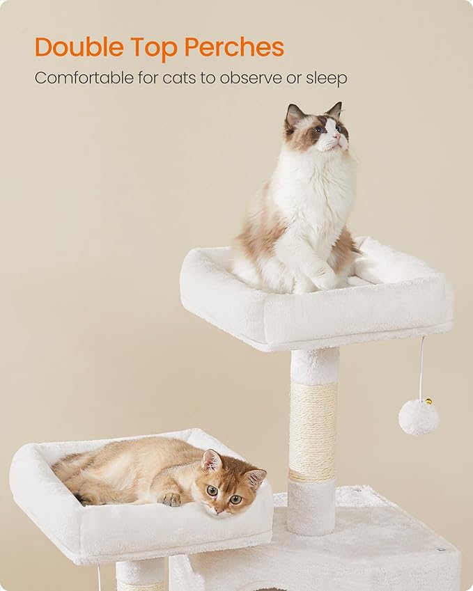 Feandrea Cat Tree, 45.3-Inch Cat Tower, Plush Condo with Scratching Post, Ramp, Perch, Spacious Cave, for Small Space, Cream White UPCT141W02