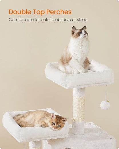 Feandrea Cat Tree, 45.3-Inch Cat Tower, Plush Condo with Scratching Post, Ramp, Perch, Spacious Cave, for Small Space, Cream White UPCT141W02