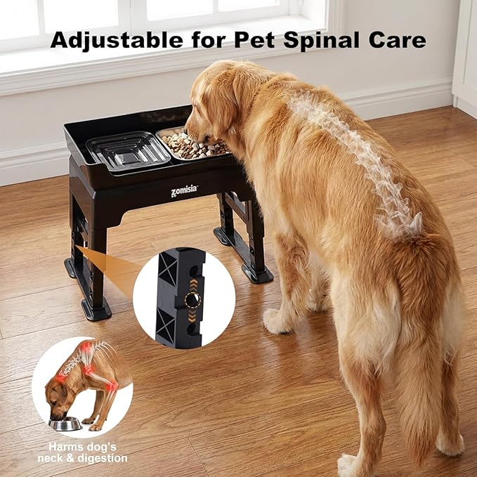 3-in-1 Raised Dog Bowl - 6 Height Adjustable Elevated Dog Bowls, Double Deck Design Mess Proof, Feeding Station with 2L No Spill Stainless Steel Bowls & Licking Plate for Medium Large Pets