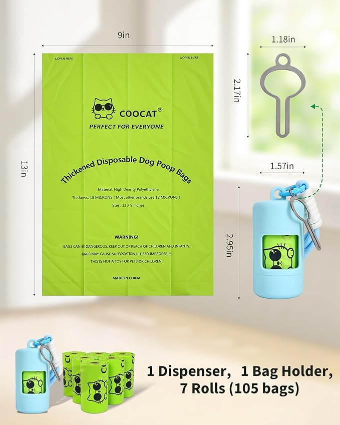 Dog Poop Bags with Dispenser & Holder, Guaranteed Leak Proof, Unscented Extra Thick Heavy Duty Tear-resistant 18-Micron Waste Bag Refill Rolls (SykBlue (105-Bags, 1-Dispenser))
