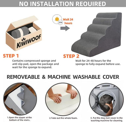 5 Step Pet Stairs Ramp for High Beds Sofas 23-30 Inch with Sturdy Non Slip Waterproof Pads, Machine Washable Cover Indoor Balanced Design for Cats Dogs Small Medium Large XL Pets Black, Large