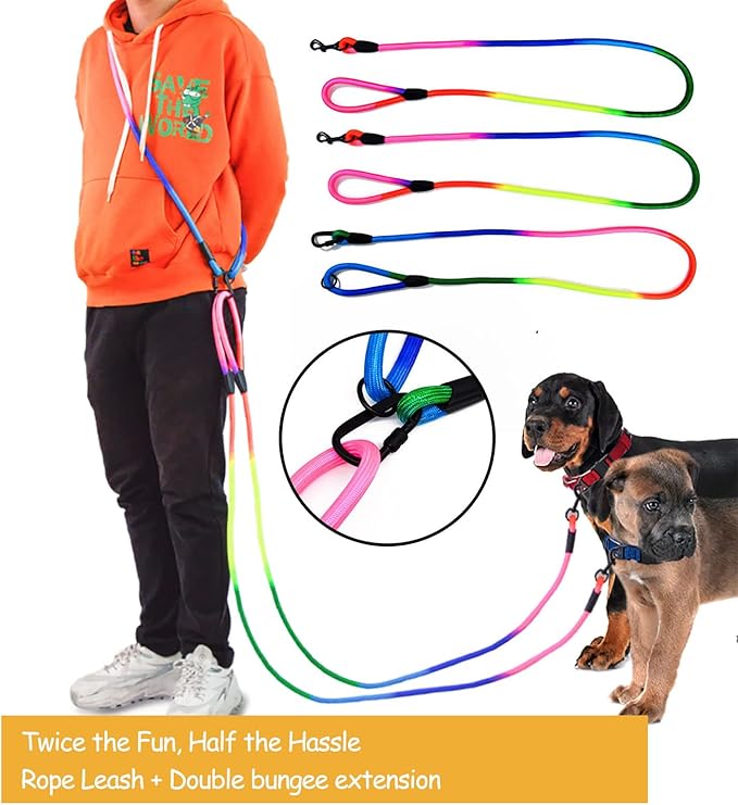 Hands Free Dog Leash Waist & Crossbody Rope with Slip Lead Durable for 2 Dogs Nylon Reflective Heavy Duty Hiking Running Leash for Medium Large Dogs(Rainbow, 9.8Ft)