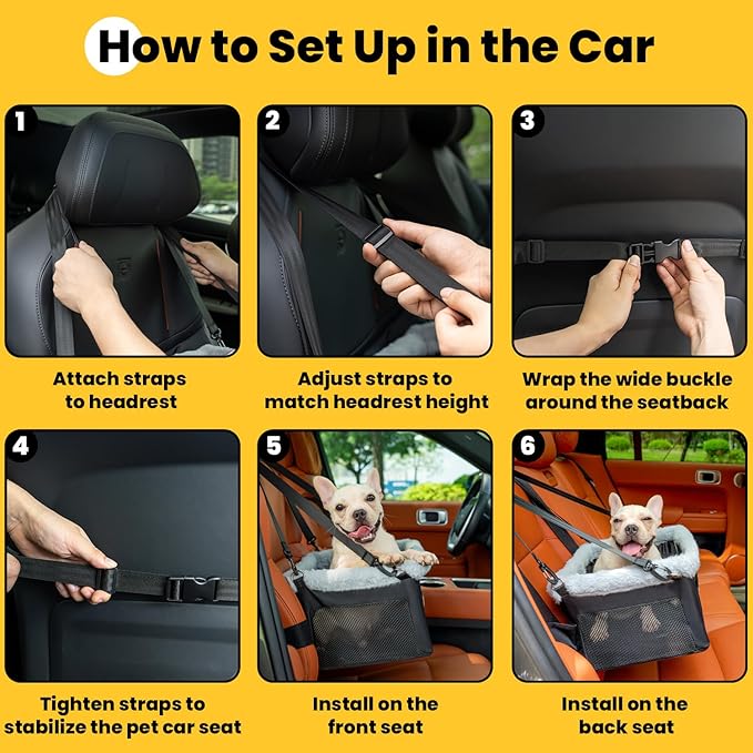 Conlun Dog Car Seat Booster for Small Pet Under 20lbs, Portable Travel Puppy Car Seat with Internal Steel Frame, Comfort Cushion & Storage Pockets, Adjustable Straps Fit Most Cars, Black