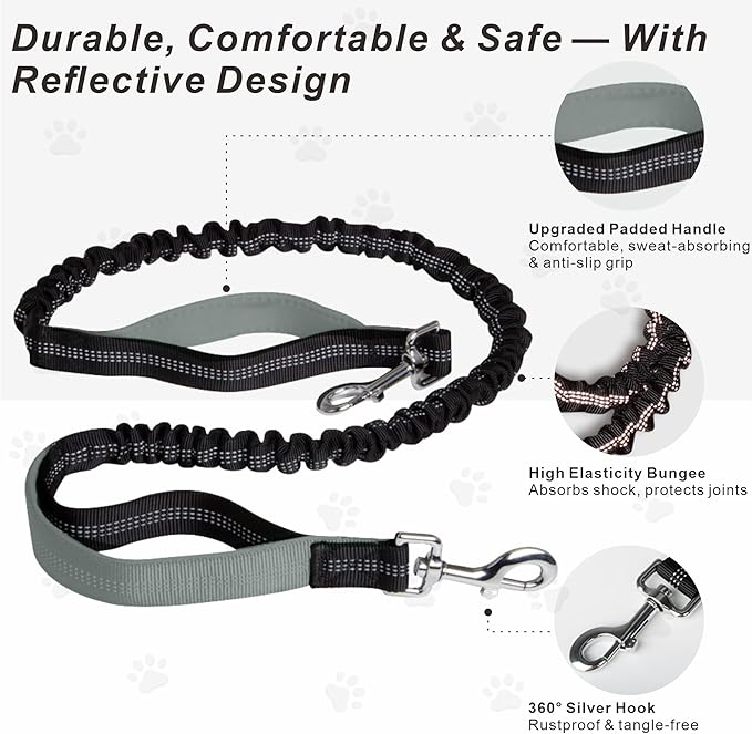 Hands-Free Dog Leash for Dogs up to 130 lbs – Heavy-Duty, Shock-Absorbing Bungee Leash with Zipper Pouch, Dual Padded Handles & Adjustable Waist Belt for Running & Walking – Cool Gray