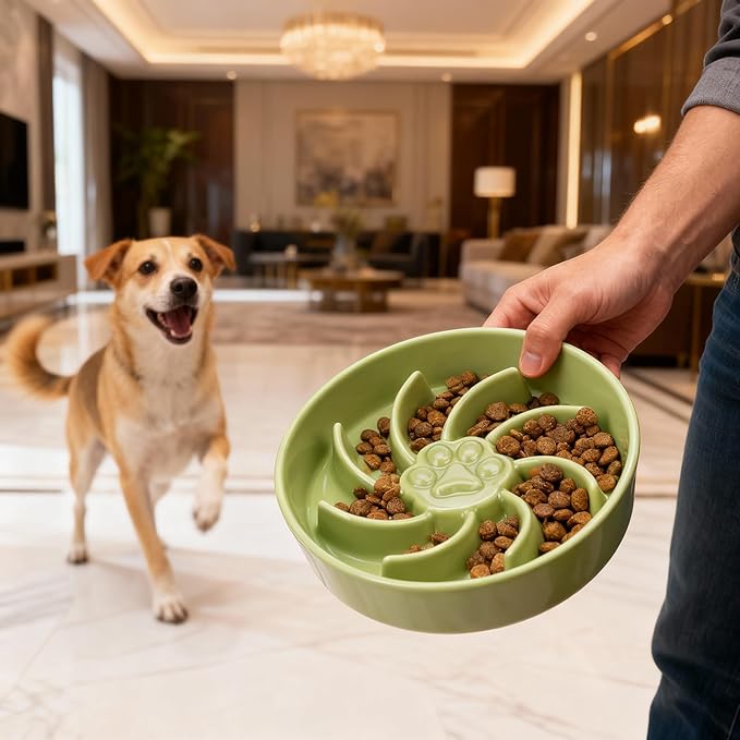 Ceramic Slow Feeder Dog Bowl, 1.5 Cup Dog Food or 20oz Water, Slow Eating Bowl for Small Breed, Maze Puzzle Feeder for Fast Eaters, Anti-Choking Stop Bloat, Non-Slip BPA Free (Green)