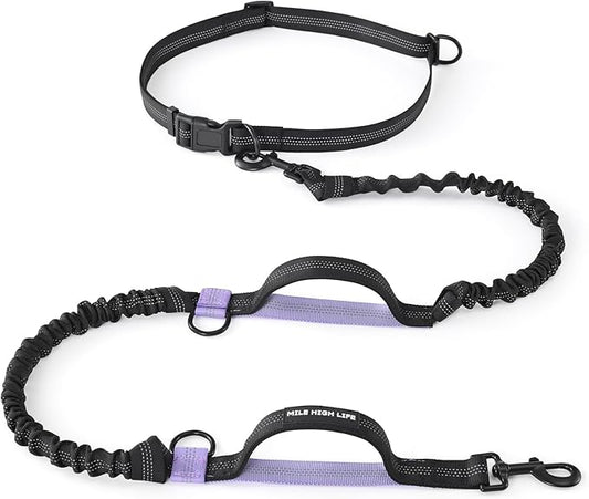 Mile High Life Hands Free Waist Leash for Dog Running Training and Jogging, Adjustable Belt with Double Handle, Reflective Bungee for Medium Large Dogs (Black Purple, 7FT)