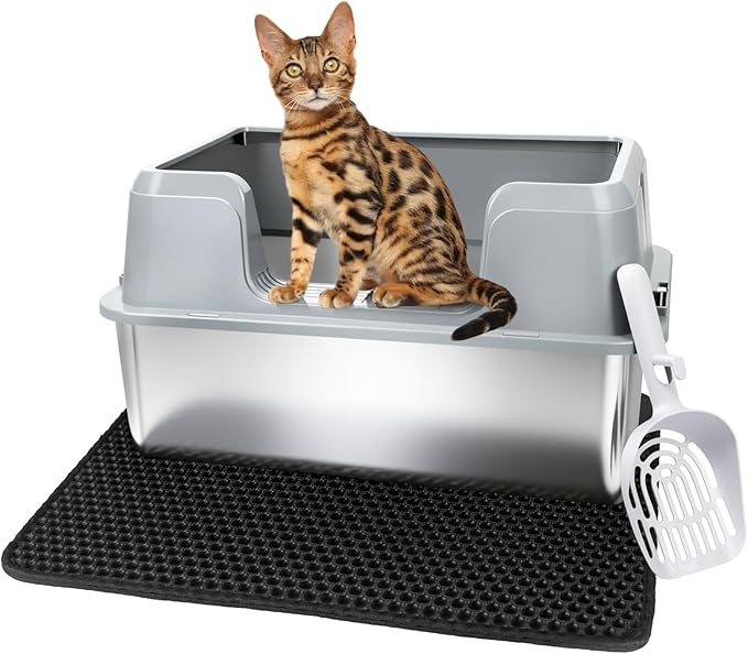 Vivifying Stainless Steel Cat Litter Box, Large Semi-Enclosed Litter Box with Lid and Mat, Anti-Leakage Metal Pan for Easy Cleaning & Odor Control (Gray)